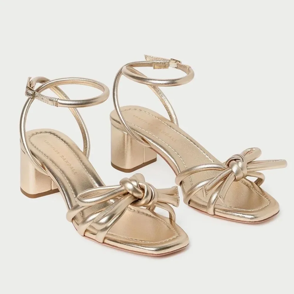 Loeffler Randall Mikel Gold Leather Bow Ankle Strap Block Heel Sandals 6
